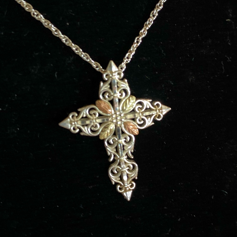 C.Co. 12K Yellow & Rose Gold Sterling Silver Paisley Leaf Cross Pendant Necklace